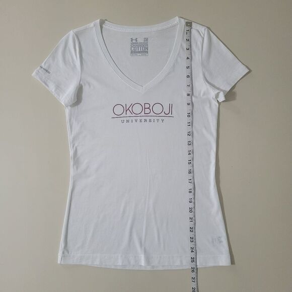 Under Armour Women's White V-neck Short Sleeve University Okobogi T-shirt - Picture 4 of 13